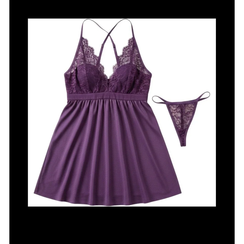Purple Lace Babydoll Lingerie Set with Matching Thong G-String NWT